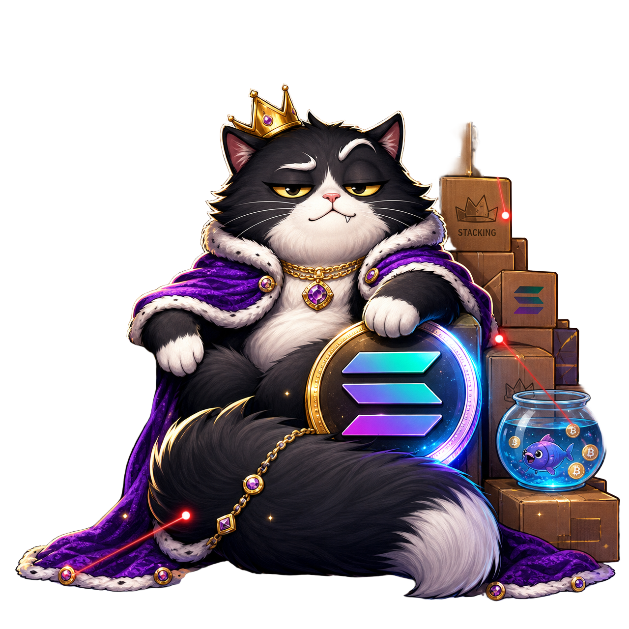 CatCoin — a smug tuxedo cat king on a cardboard throne with a Solana coin